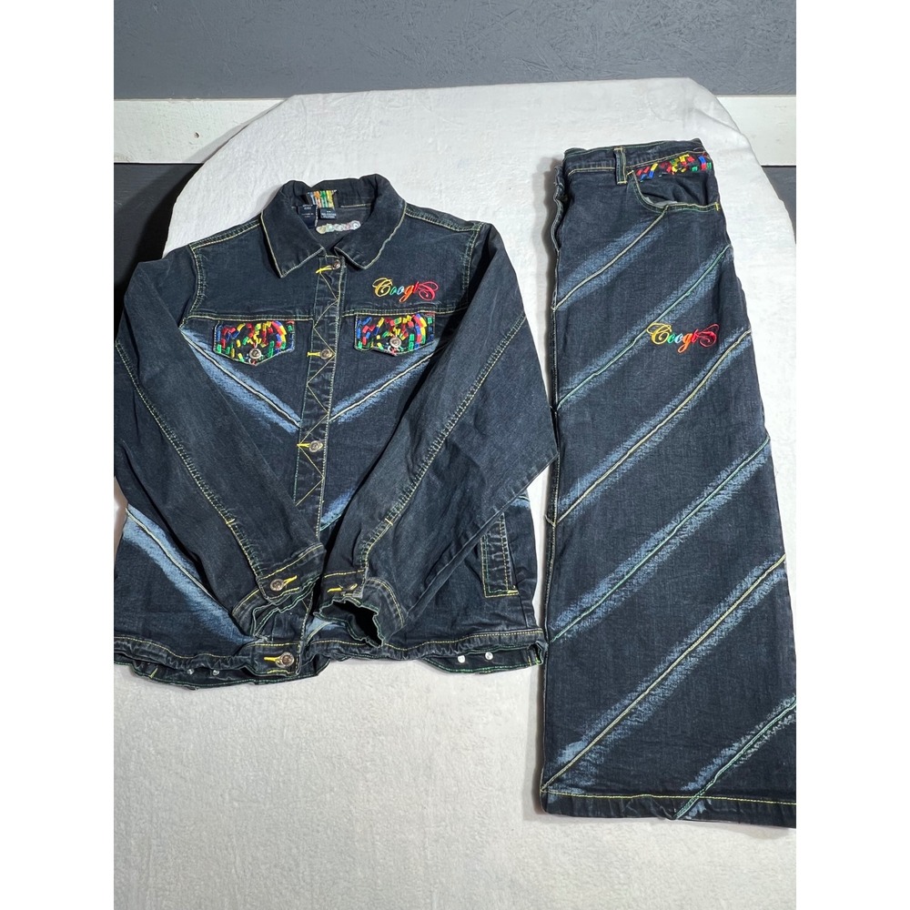 VTG COOGI Australia Denim 2 Piece Set Jacket Maxi Skirt Rainbow Embroidered 17